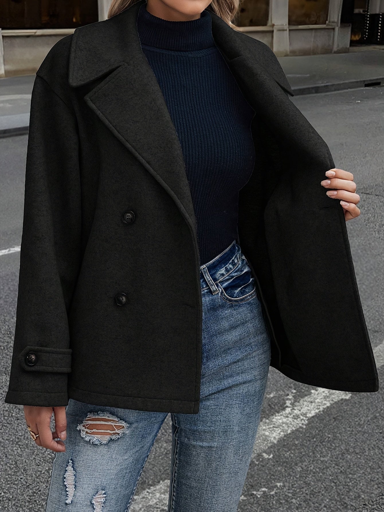 Damjacka Grå Storlek M Polyester Dubbelbröstad med Knappdetaljer-5