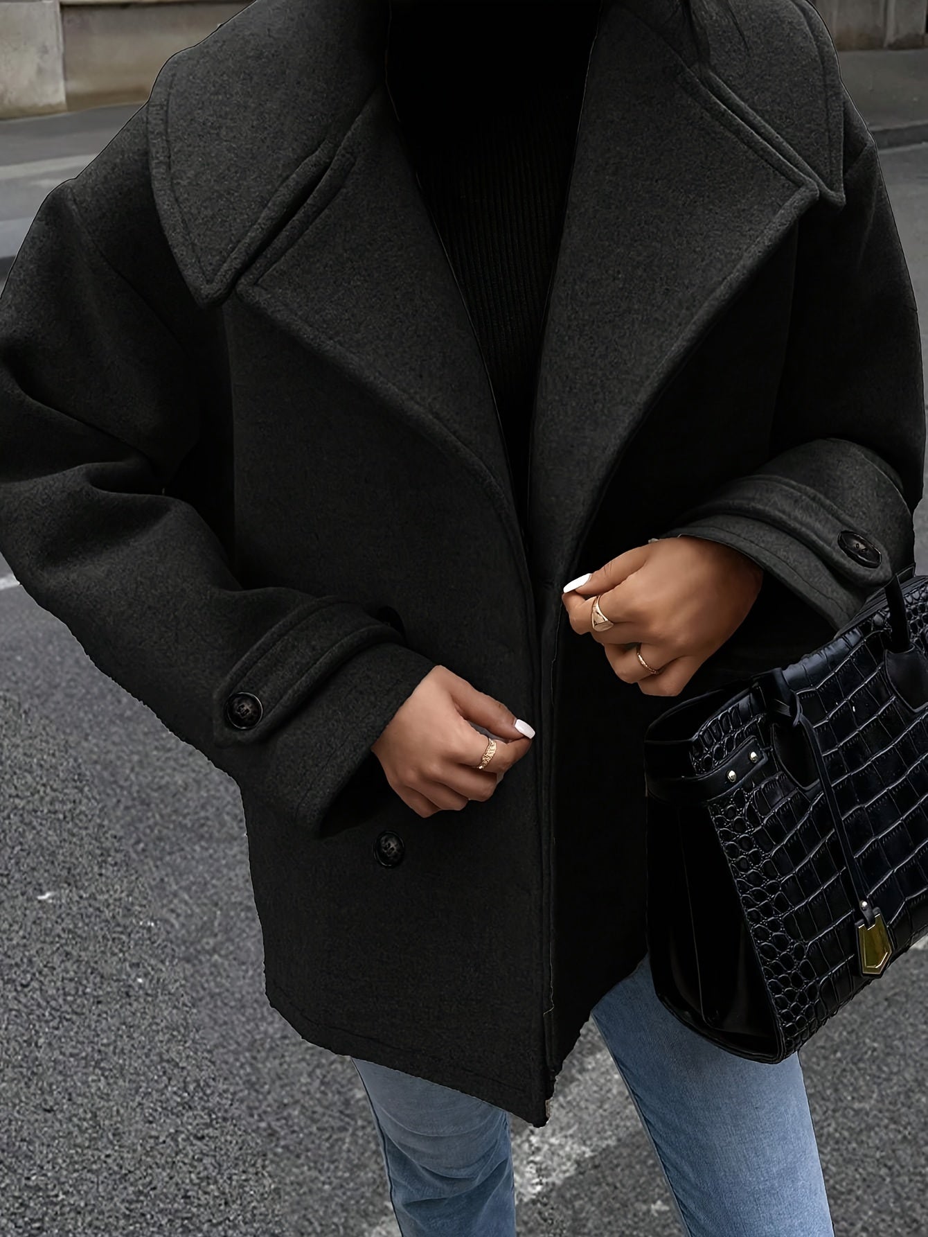 Damjacka Grå Storlek M Polyester Dubbelbröstad med Knappdetaljer-2