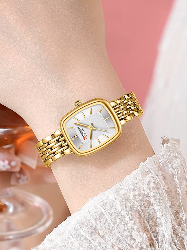 Yvette | Elegant Damklocka – Rektangulärt Guldfodral Vit Urtavla 1
