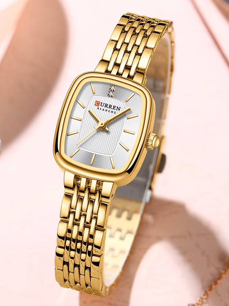 Yvette | Elegant Damklocka – Rektangulärt Guldfodral Vit Urtavla 2