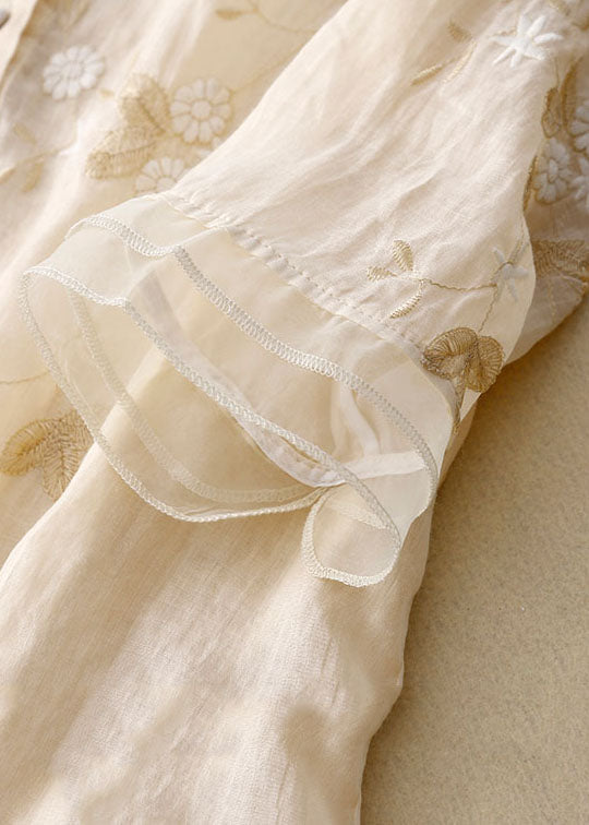 Women's Blouse Beige Size M Airy Fabric with Embroidered Details-4