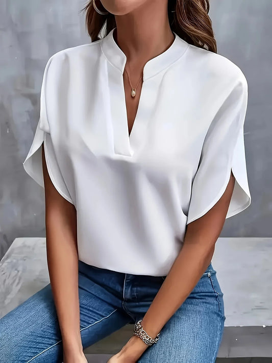 Women's Blouse White Size M Cotton V-Neck Cap Sleeves-1