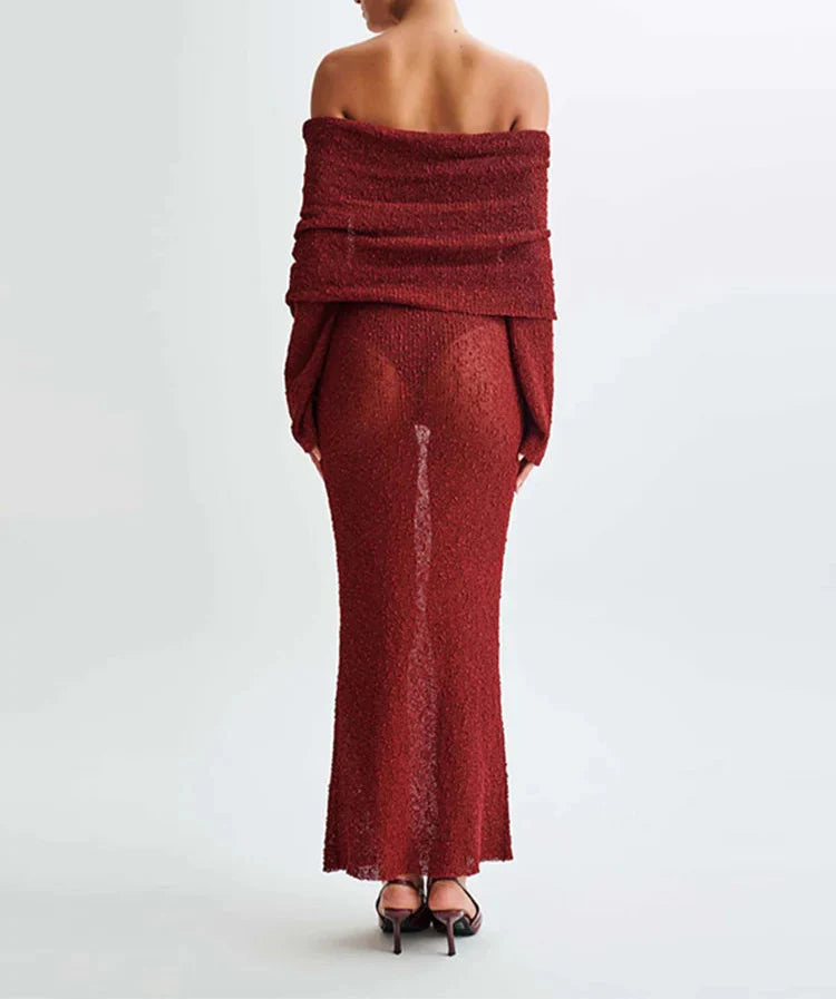 Katarina | Elegant Off the Shoulder Maxiklänning Dam – Flare Ärmar med Intrikata Hål 9