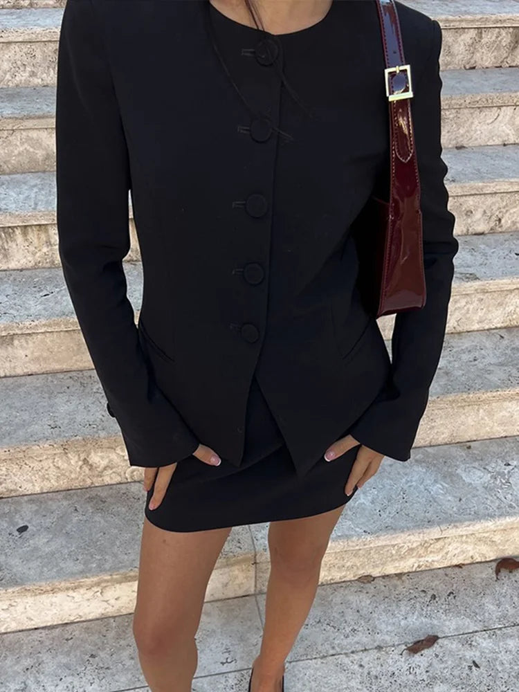 Black Blazer and Mini Skirt Set | Women's Outfit – Size M Polyester 8