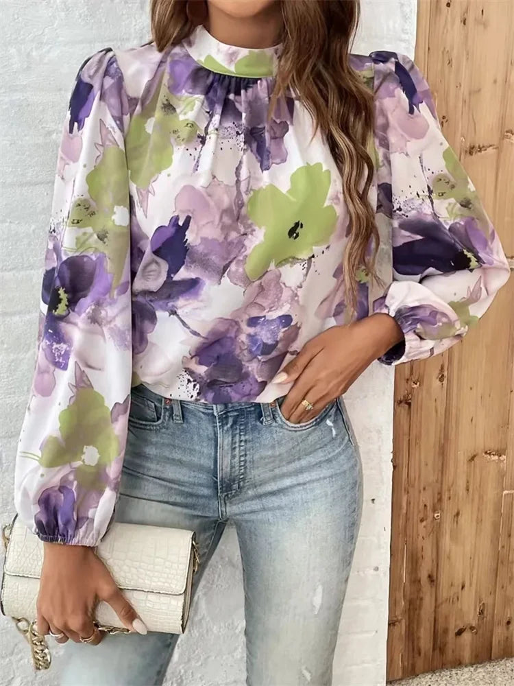 Women's Blouse Purple Size M Polyester Watercolor Floral Print Balloon Sleeve-4