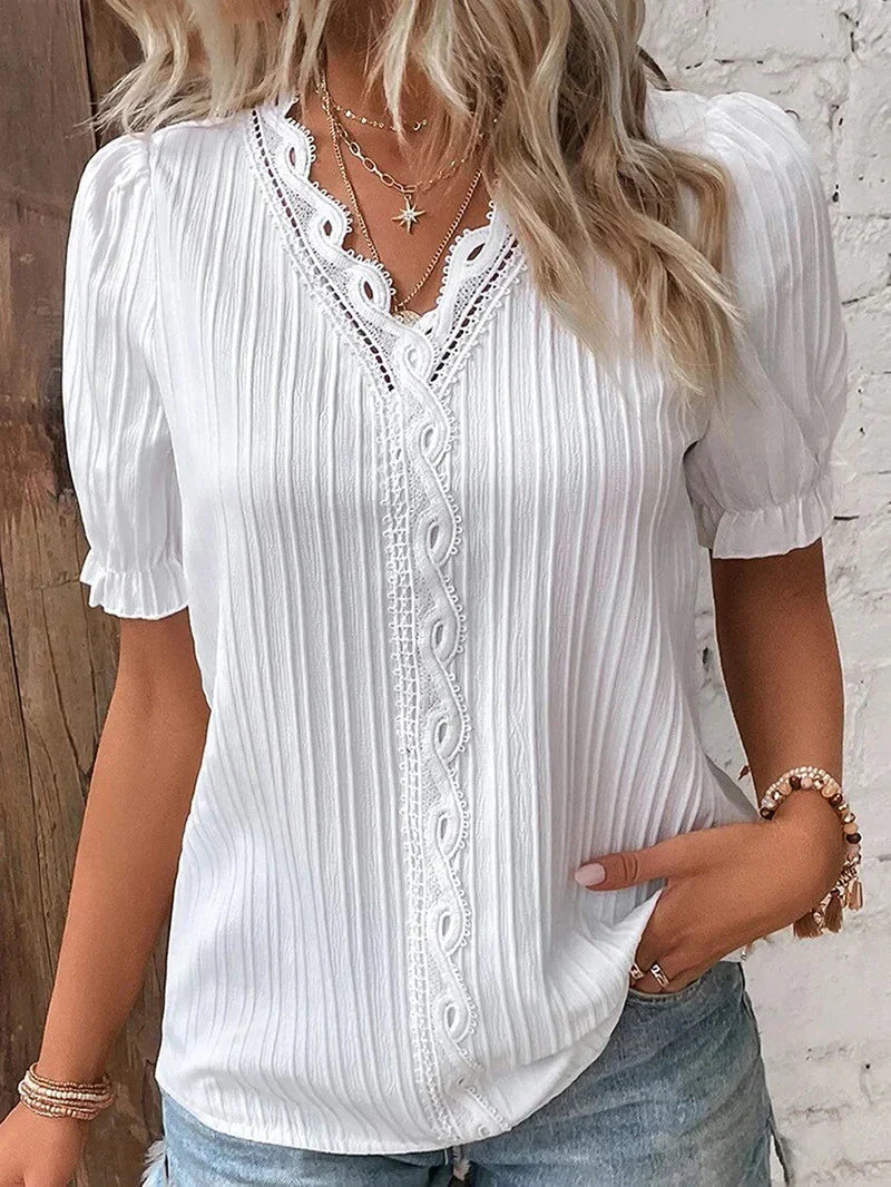 Women's Blouse White Size S-2XL Cotton Puff Sleeve Top-1