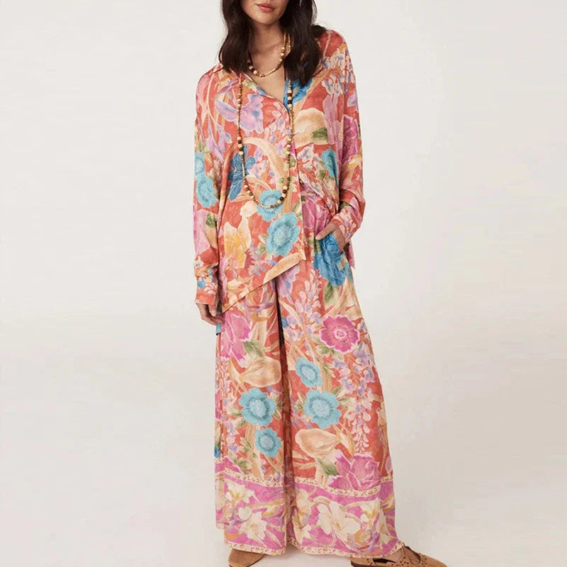 Multicolor Women's Loungewear Set | Polyester Cardigan and Wide Leg Pants Size M 4