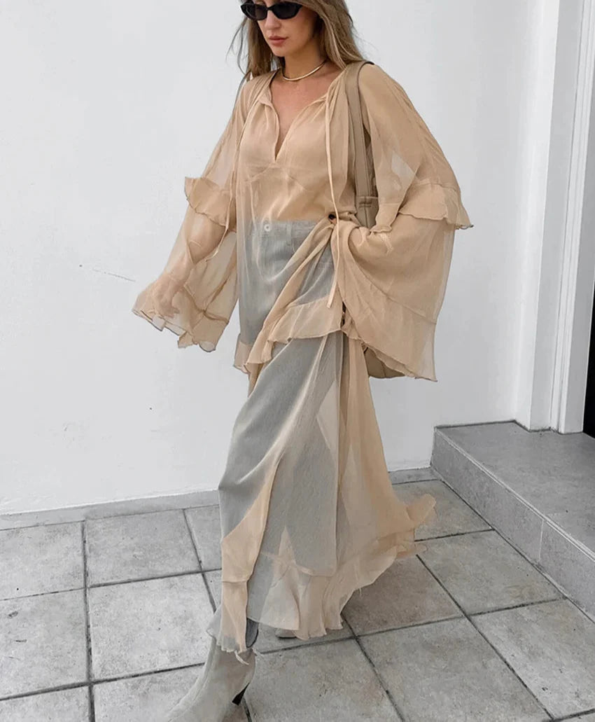 Juliette | Elegant Festklänning för Damer – Kaki Transparent Design 1