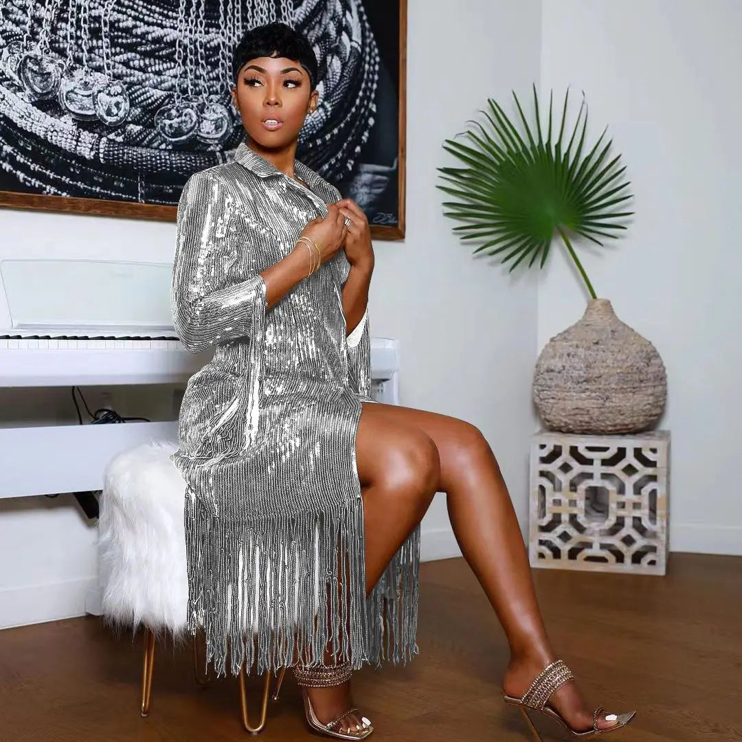 Paola | Glamourös Paljett Long Blazer – Tassel för Iögonfallande Stil 3