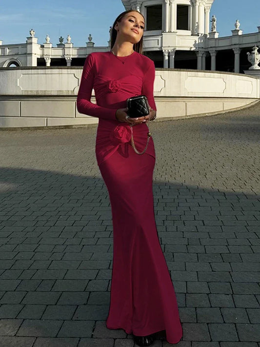 Tersia | Elegant Blommig Ruched Slim-Fit Maxiklänning Dam 1