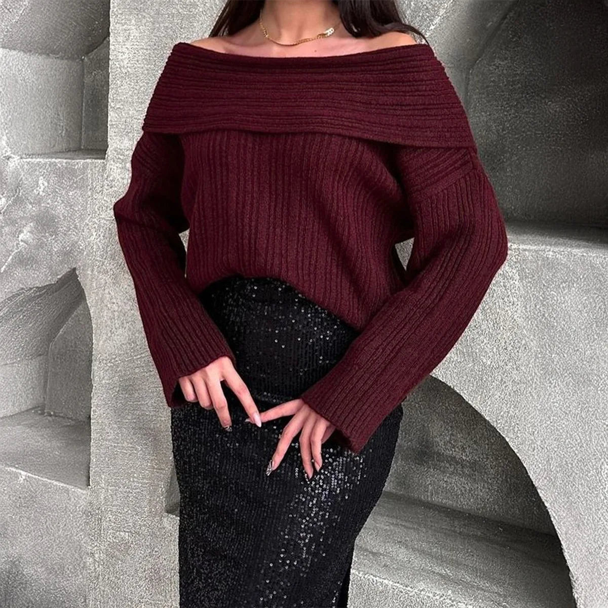 Clascois | Off-Shoulder Ribbed Sweater