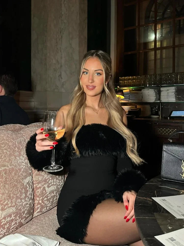 Xylona | Elegant Klänning Dam – Fluffig Pälshalsring För Fest Och Vardag 4