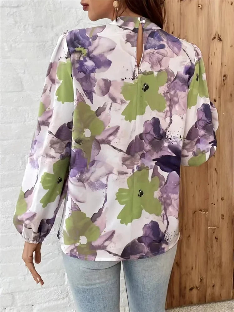 Women's Blouse Purple Size M Polyester Watercolor Floral Print Balloon Sleeve-5