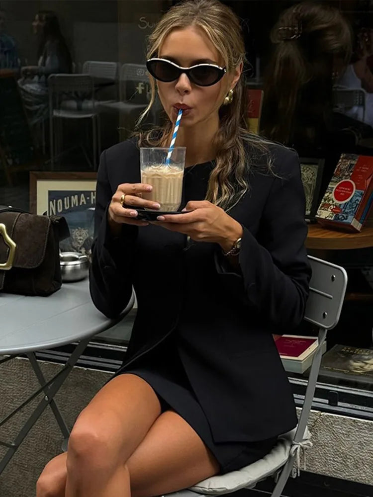 Black Blazer and Mini Skirt Set | Women's Outfit – Size M Polyester 6