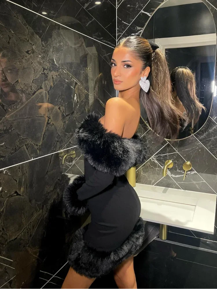 Xylona | Elegant Klänning Dam – Fluffig Pälshalsring För Fest Och Vardag 2