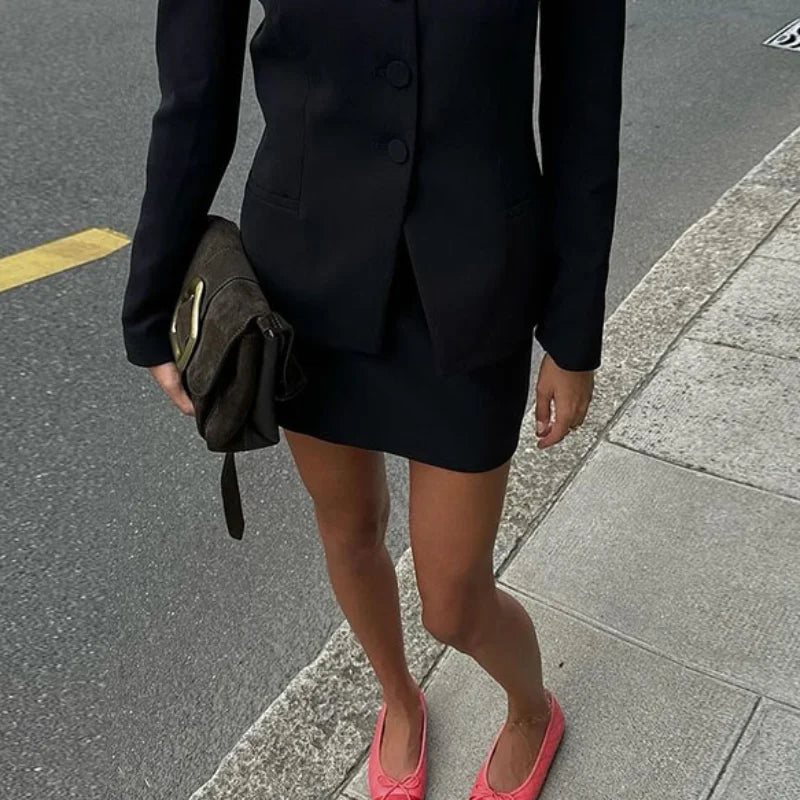 Black Blazer and Mini Skirt Set | Women's Outfit – Size M Polyester 10