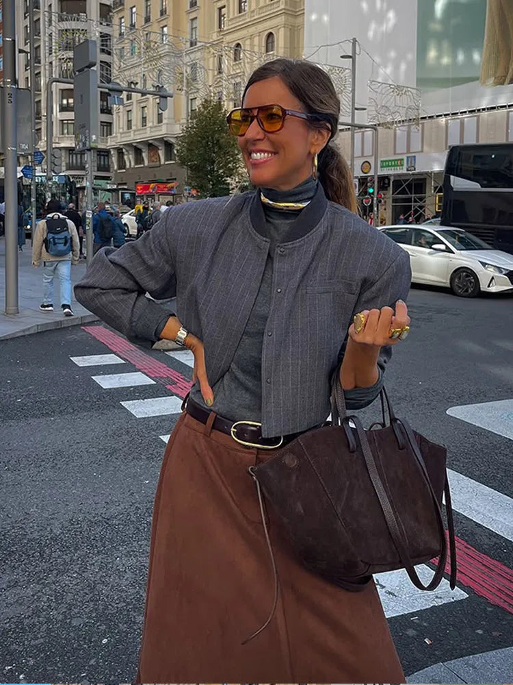 Demyra | Elegant O-hals Randig Blazerrock För Vardag Och Fest 5