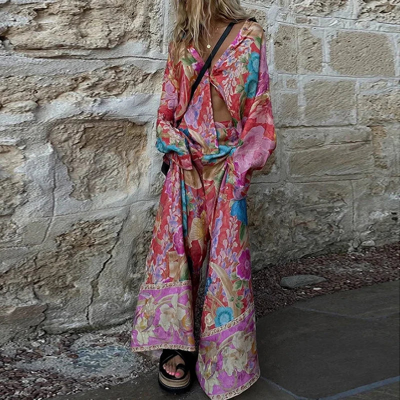 Multicolor Women's Loungewear Set | Polyester Cardigan and Wide Leg Pants Size M 2