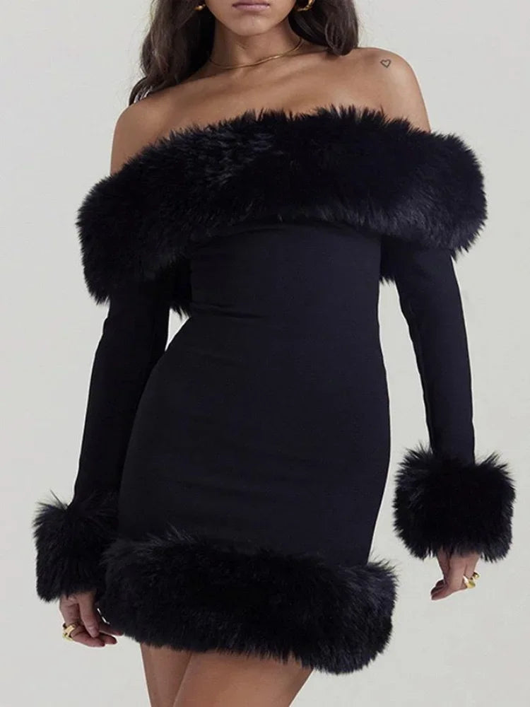 Xylona | Elegant Klänning Dam – Fluffig Pälshalsring För Fest Och Vardag 5