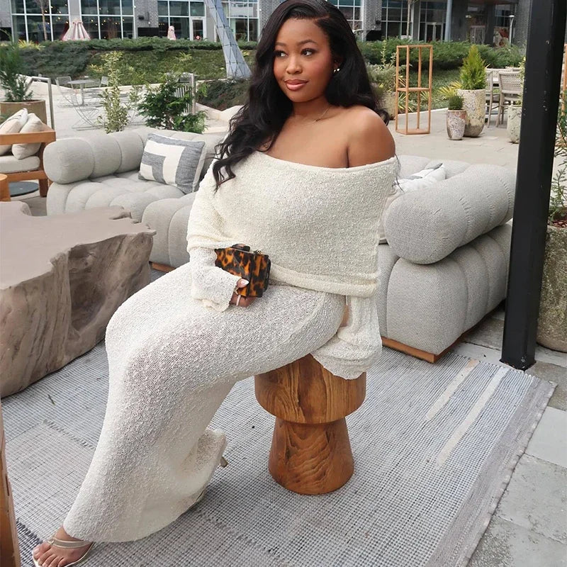 Katarina | Elegant Off the Shoulder Maxiklänning Dam – Flare Ärmar med Intrikata Hål 6