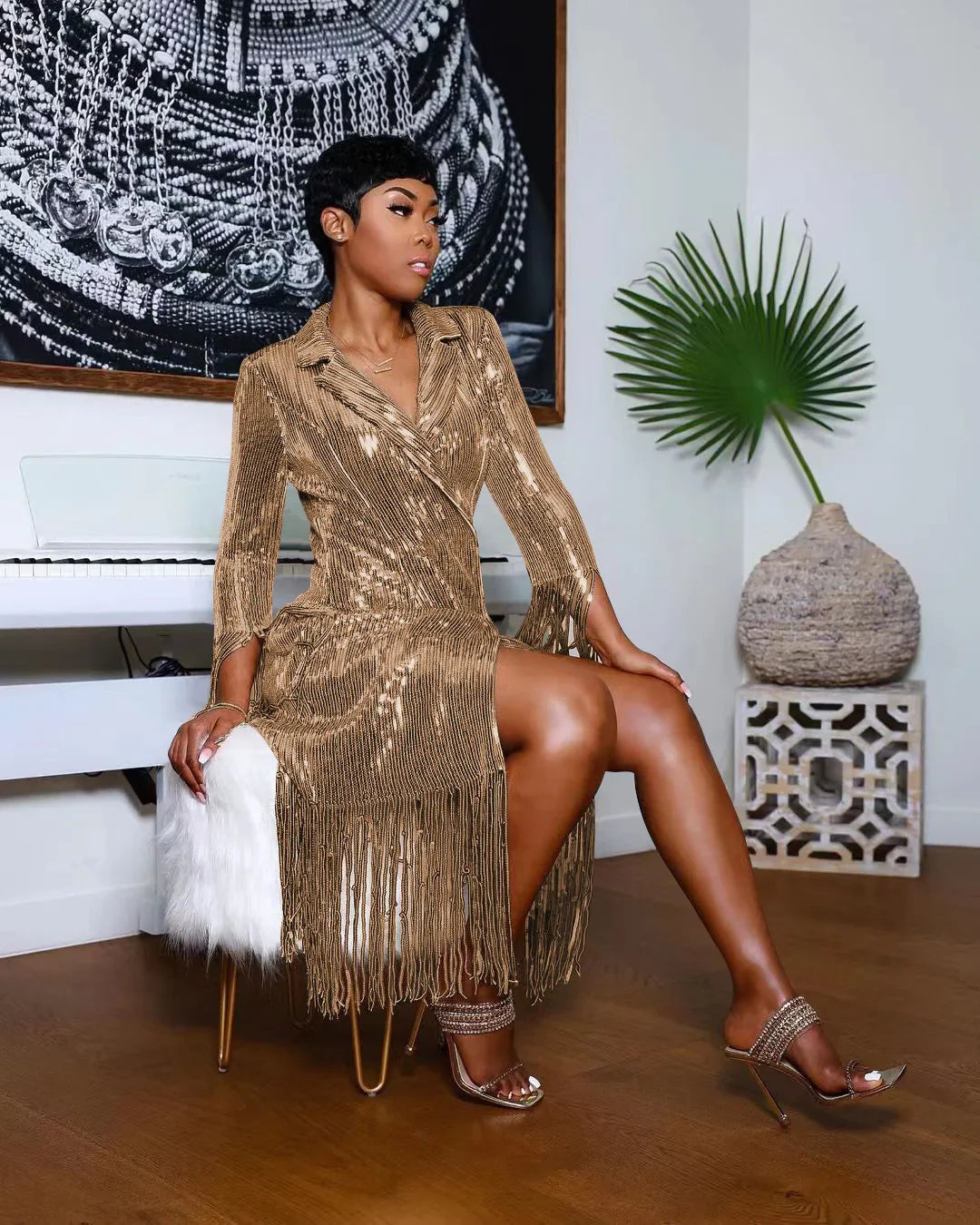 Paola | Glamourös Paljett Long Blazer – Tassel för Iögonfallande Stil 5