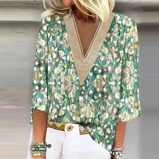 Women's Blouse Blue Size M Cotton Floral Print Summer Top-1