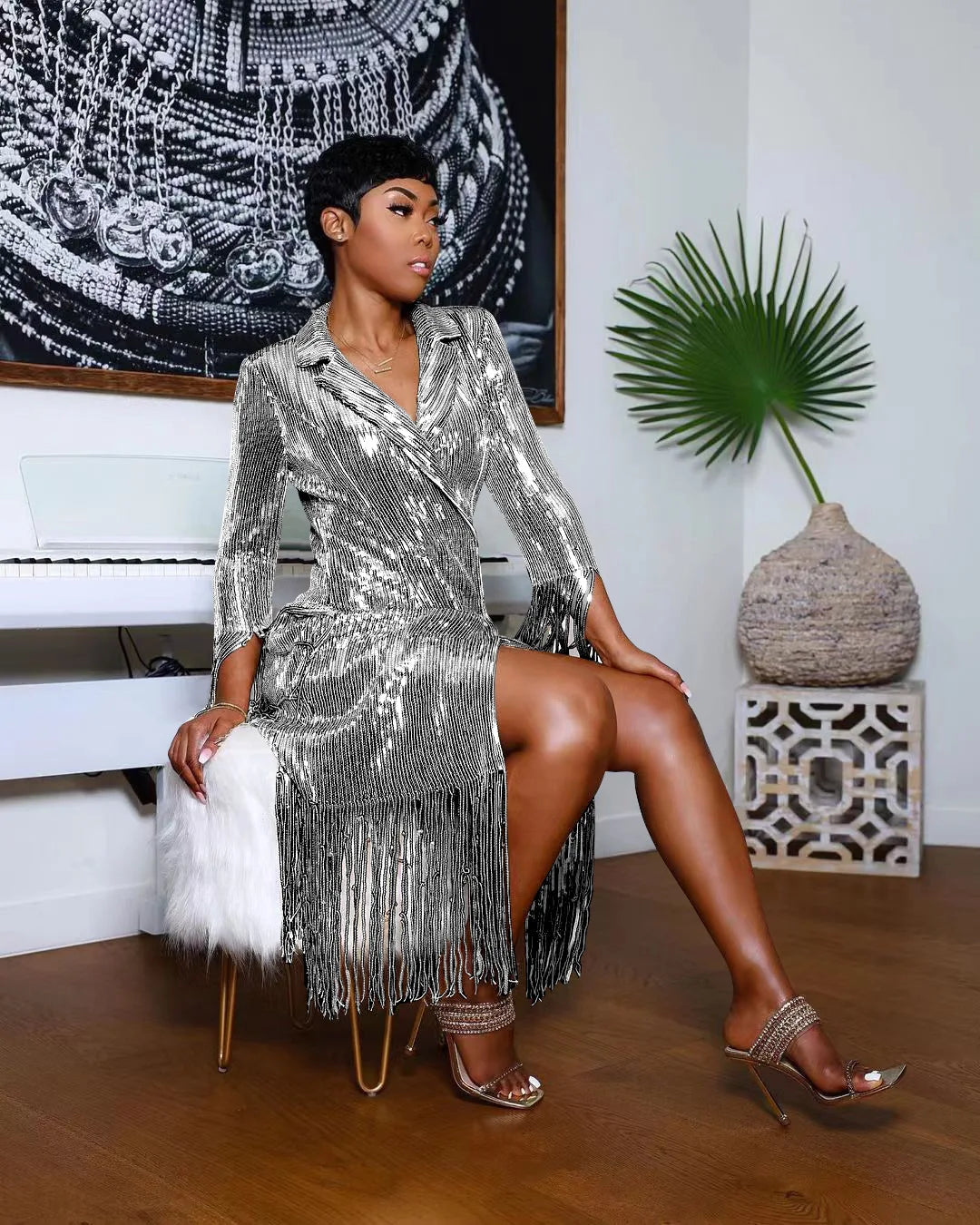 Paola | Glamourös Paljett Long Blazer – Tassel för Iögonfallande Stil 4