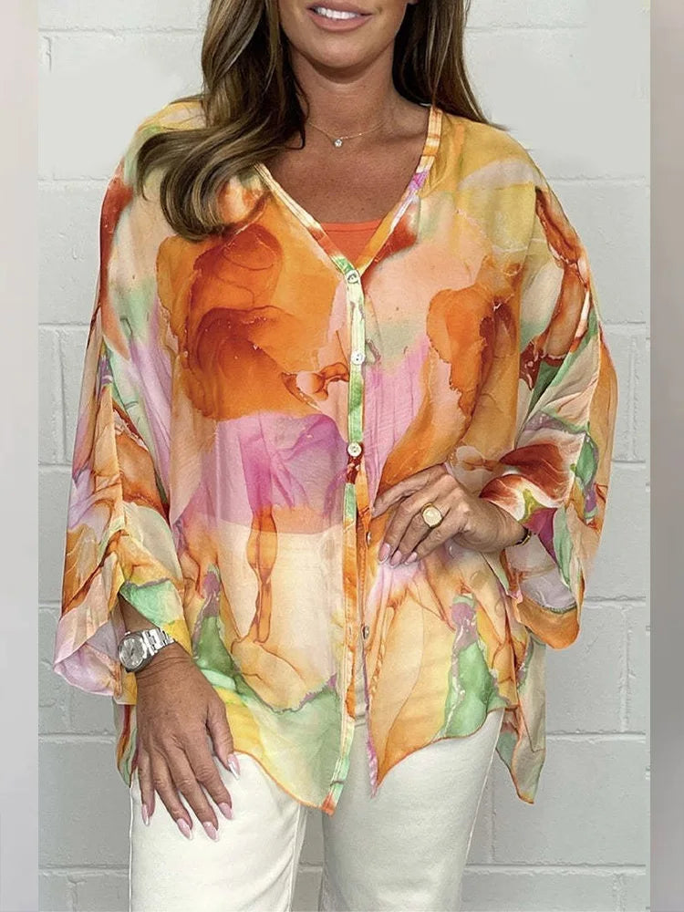 Variant image for Women's Blouse Yellow Size M Cotton Oversized Watercolor Print Summer Top-19