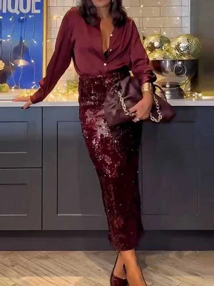 Kenisha | Glamourös Paljettskjorta och Kjol Set för Speciella Tillfällen 6