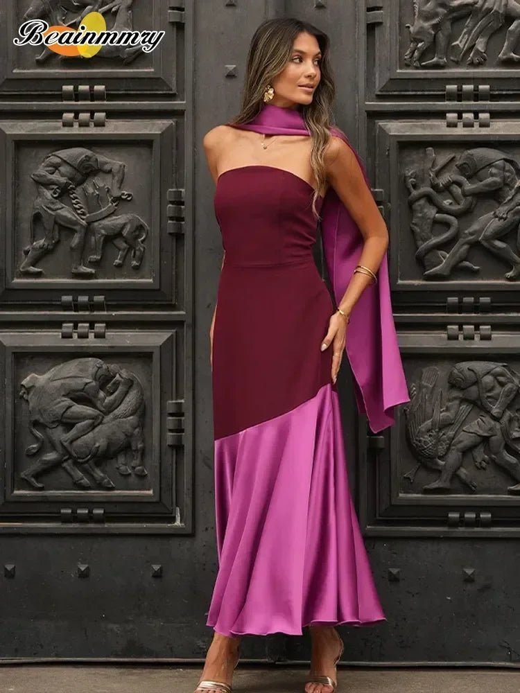 Timothea | Elegant Midiklänning Dam – Skarvad Halsdukskrage 4