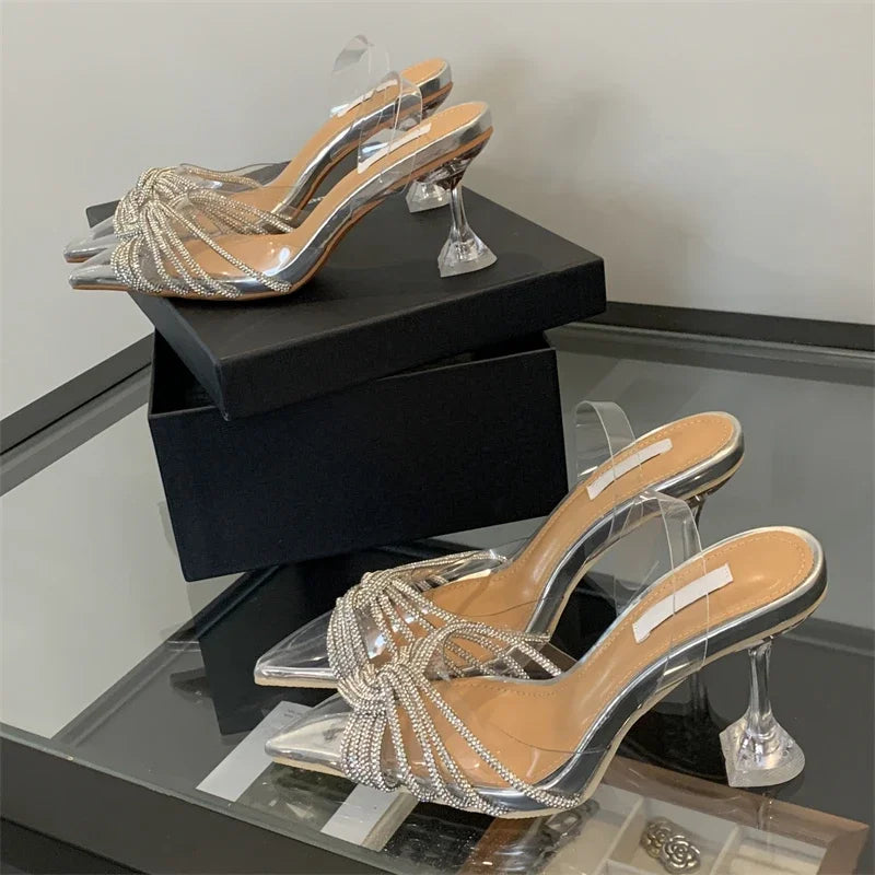 Twyla | Eleganta Höga Klackar – Silvertransparent Spetsig Tå Med Kristalldetaljer 3