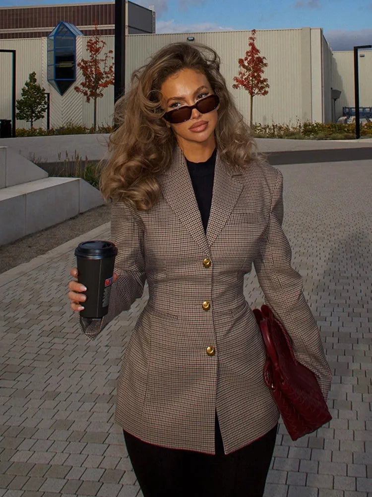 Caylee | Elegant Khaki Rutig Kavaj Dam För Professionella Tillfällen 2