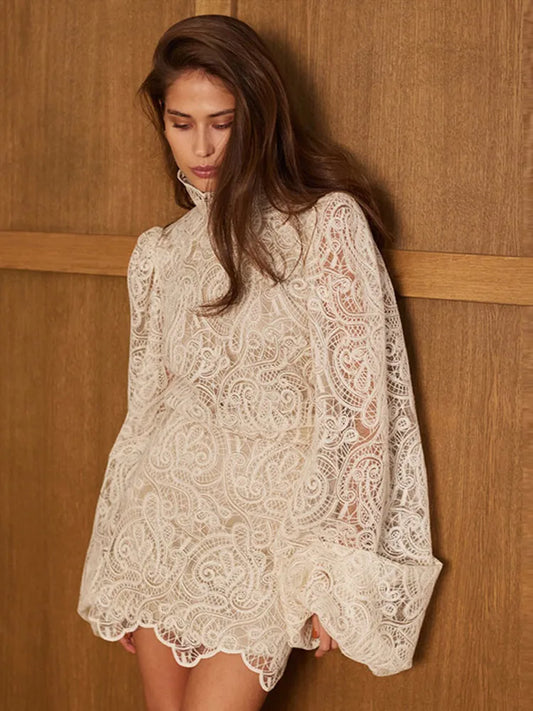 Xyliana | Elegant Spetsklänning med Lykta Ärmar – Vit För Formella Tillfällen 1