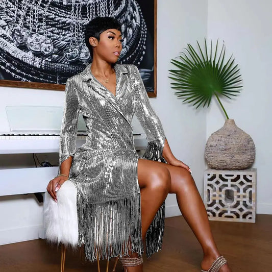 Paola | Glamourös Paljett Long Blazer – Tassel för Iögonfallande Stil 1