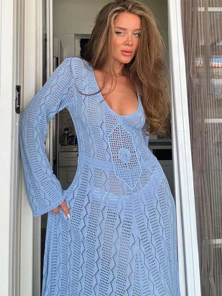 Zaraiah | Elegant Blå V-Ringad Långklänning för Kvinnor – Mjuk Design 2