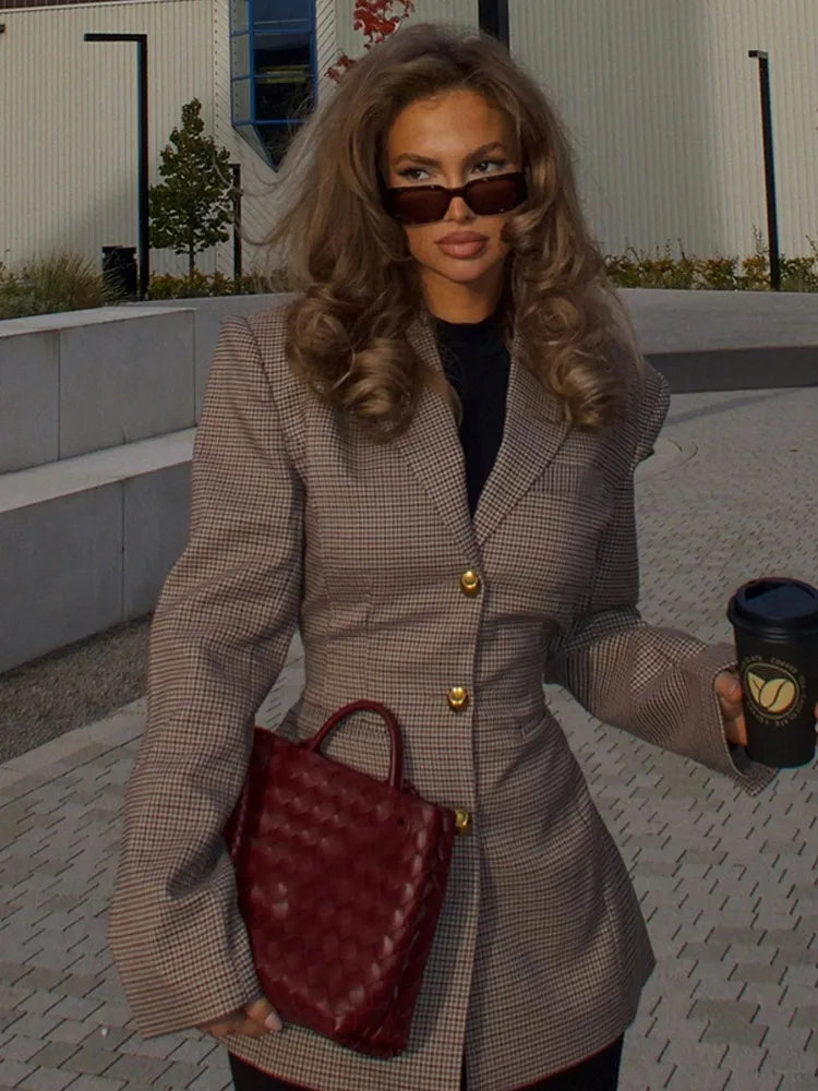 Caylee | Elegant Khaki Rutig Kavaj Dam För Professionella Tillfällen 5