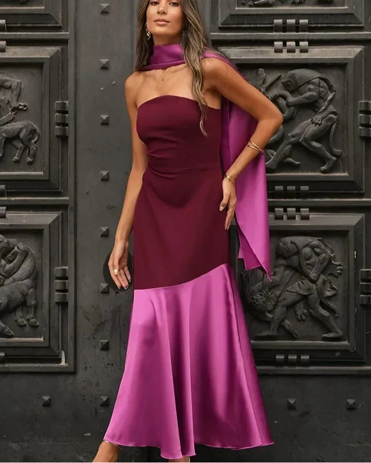 Timothea | Elegant Midiklänning Dam – Skarvad Halsdukskrage 1