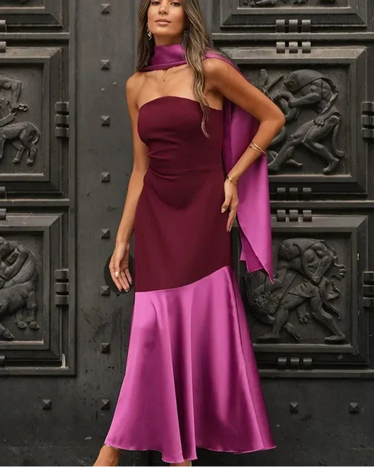 Timothea | Elegant Midiklänning Dam – Skarvad Halsdukskrage 1