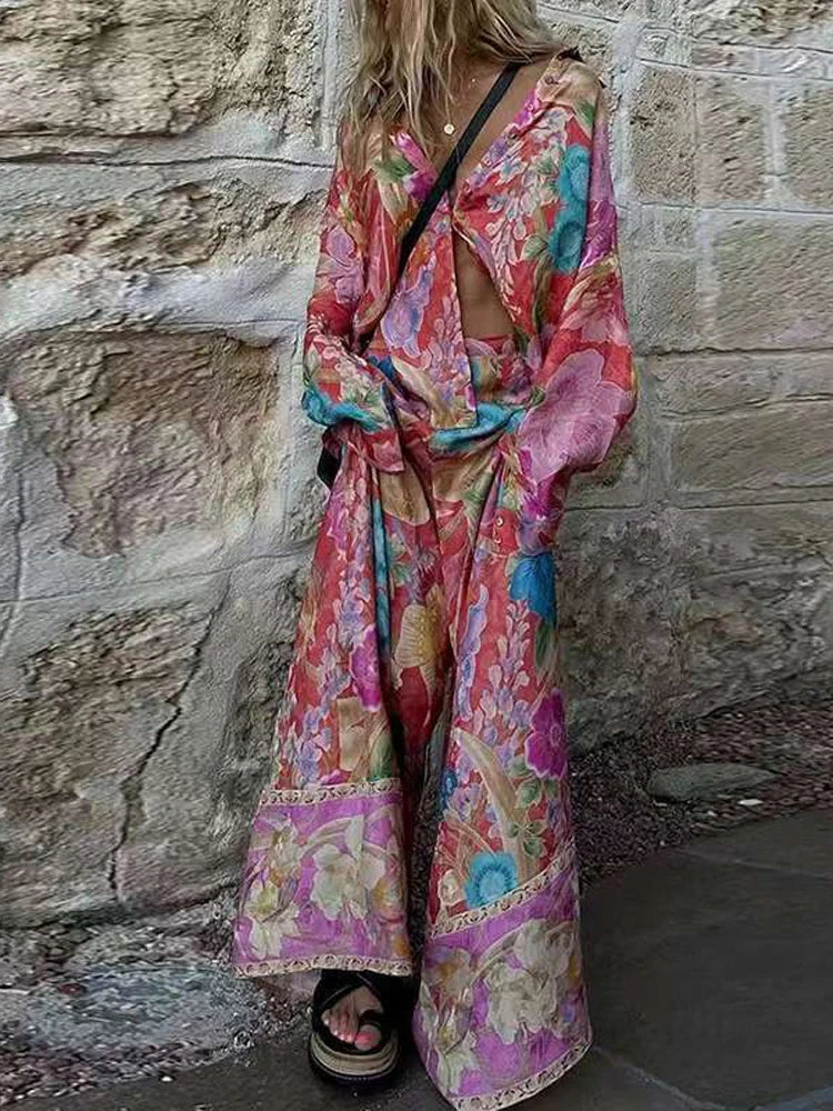 Multicolor Women's Loungewear Set | Polyester Cardigan and Wide Leg Pants Size M 6