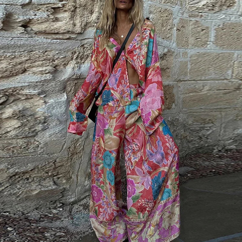 Multicolor Women's Loungewear Set | Polyester Cardigan and Wide Leg Pants Size M 3