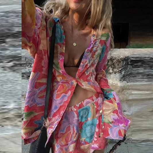 Multicolor Women's Loungewear Set | Polyester Cardigan and Wide Leg Pants Size M 1