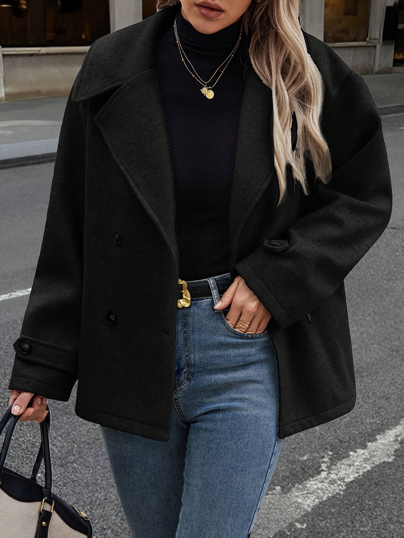 Variant image for Damjacka Grå Storlek M Polyester Dubbelbröstad med Knappdetaljer-6