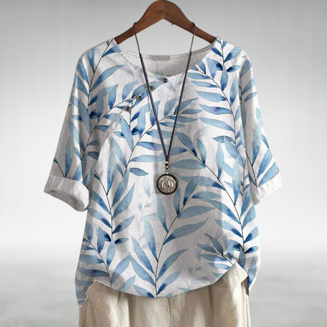 Women's Blouse Blue Size M Cotton Blend, Airy Summer Top with Asymmetrical Button Closure-3