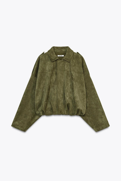 Damjacka Beige Storlek M Mocka Bred Passform Elegant Pilotjacka-2