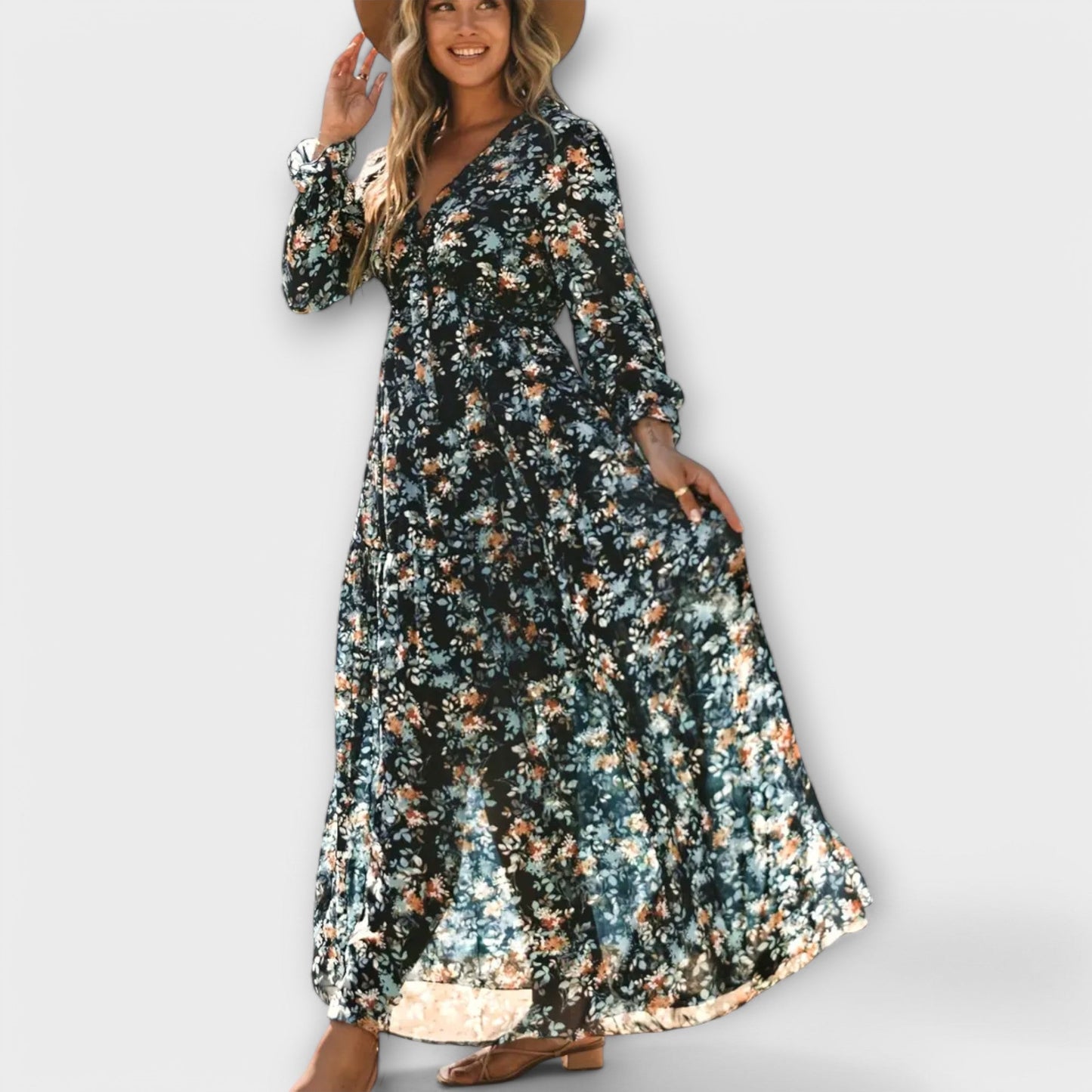 Variant image for Helen | Elegant Maxiklänning Dam Med Blommatryck Och V-Neck-13