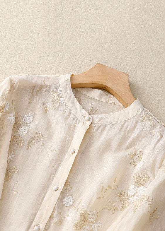 Women's Blouse Beige Size M Airy Fabric with Embroidered Details-3