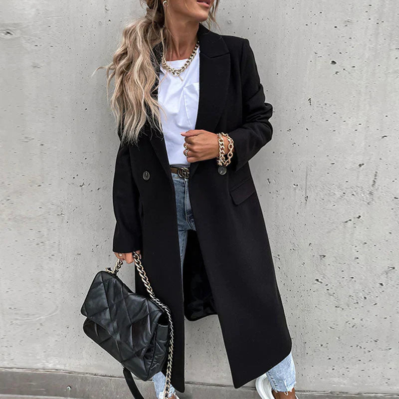 Holly | Elegant Svart Ullblandning Lång Kappa Dam För Kalla Månader 9
