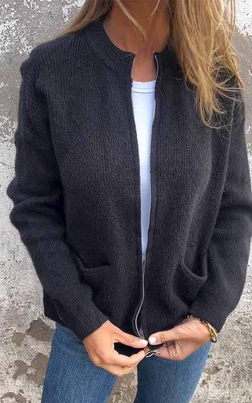 Variant image for Odile | Tidlös Stickad Bomullsjacka Med Blixtlås För Elegant Stil-9