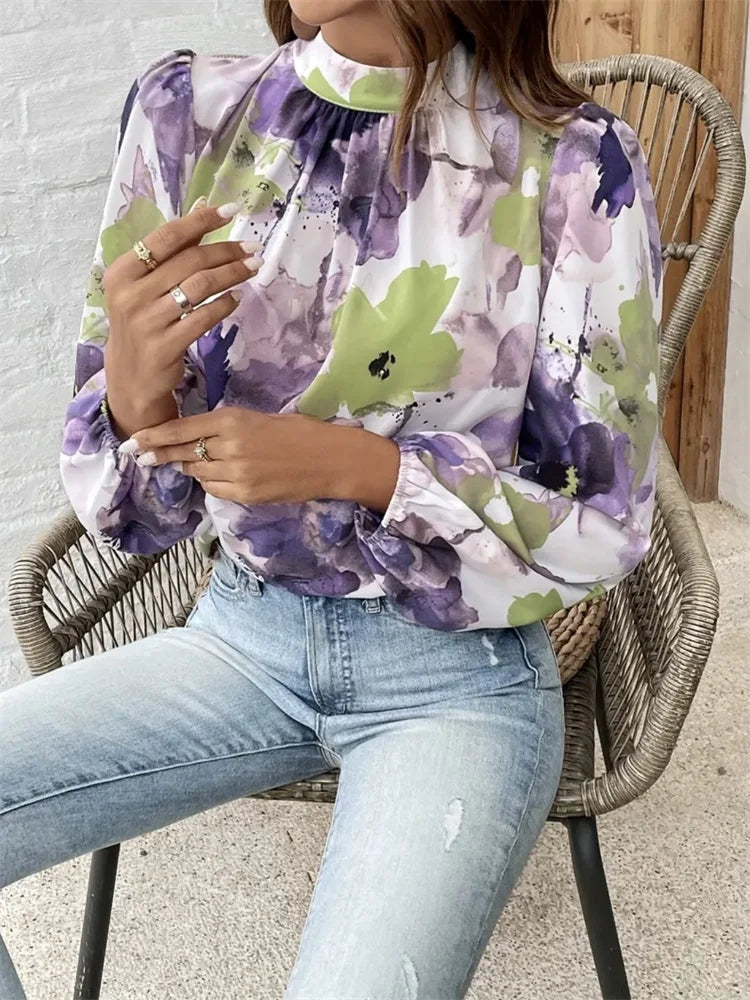 Karien | Elegant Blommig Blus – Höghals och Ballongärmar För Varje Tillfälle 2
