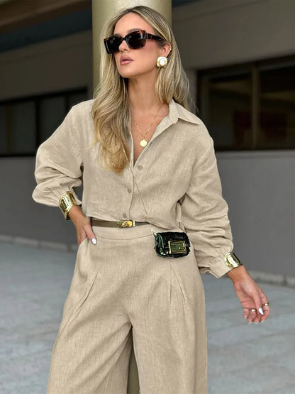 Katherine | Stilig Linne Set Dam – Khaki för Komfort och Avslappnad Passform 4